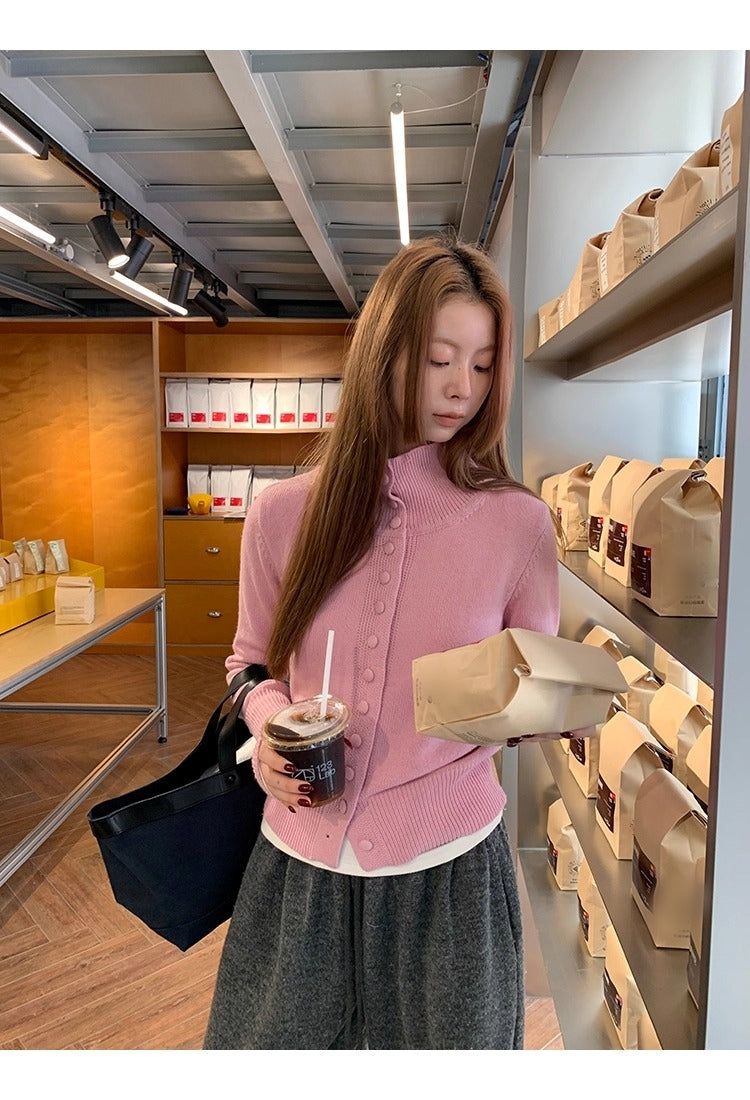 Pink button high-neck knit long-sleeved cardigan