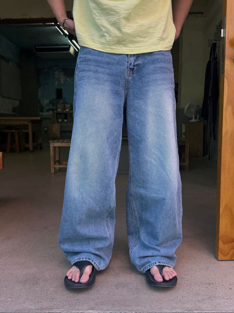 Embossed straight wide denim pants