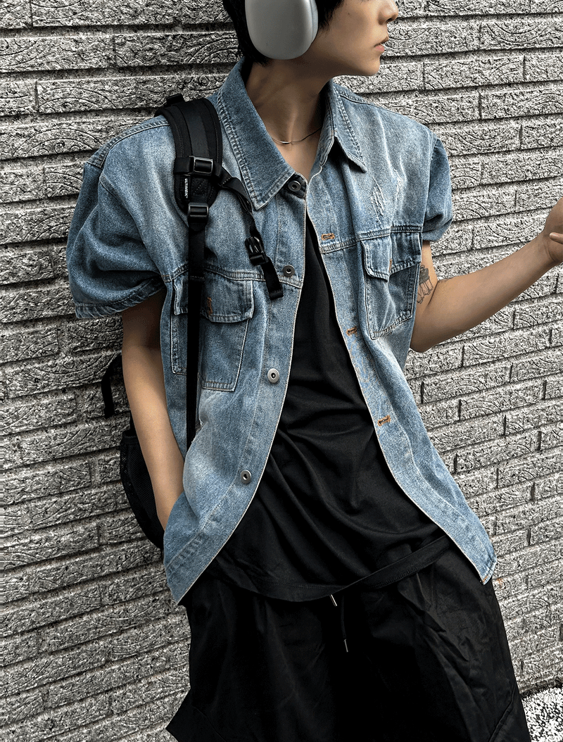 jacquard short-sleeved denim jacket