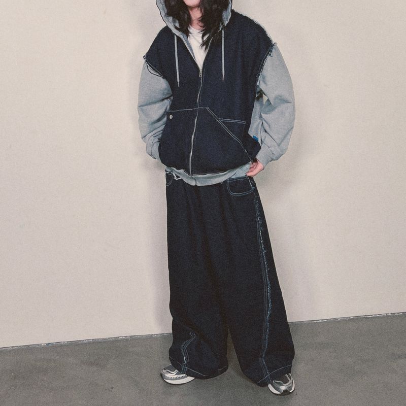 layered deconstructed zip-up hoodie_blue