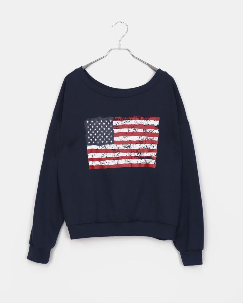Murhit American Flag Printed One-Off Shoulder Long Sleeve Sweatshirt