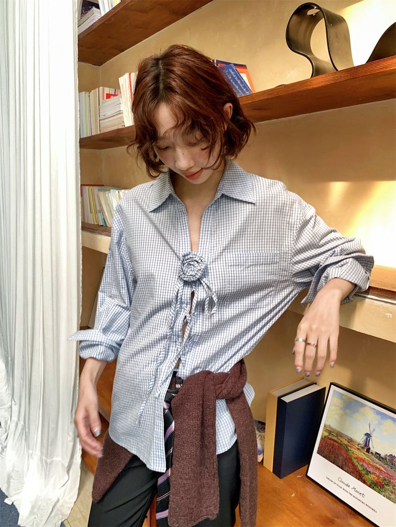 French Corsage Shirring Flower Tie Loose-Fit Check Shirt
