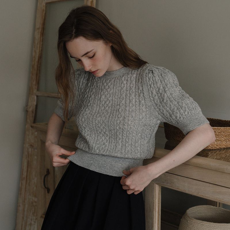 Cable Puff Sleeve Knit - Gray