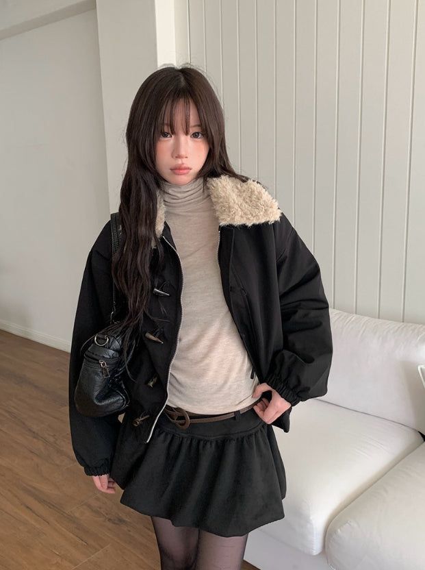 Ohe Wool Collar Duffle Quilting Padding Cotton Jacket