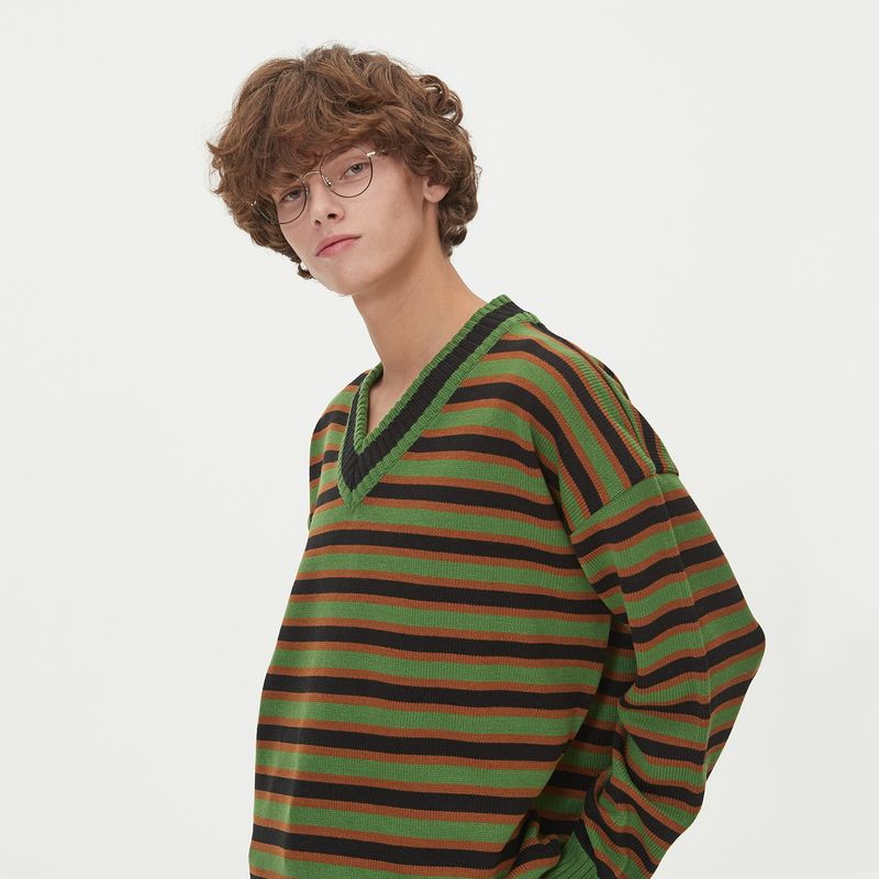 BLONDNINE（ブロンドナイン）の「STRIPE V NECK KNIT_GREEN（Tops）」