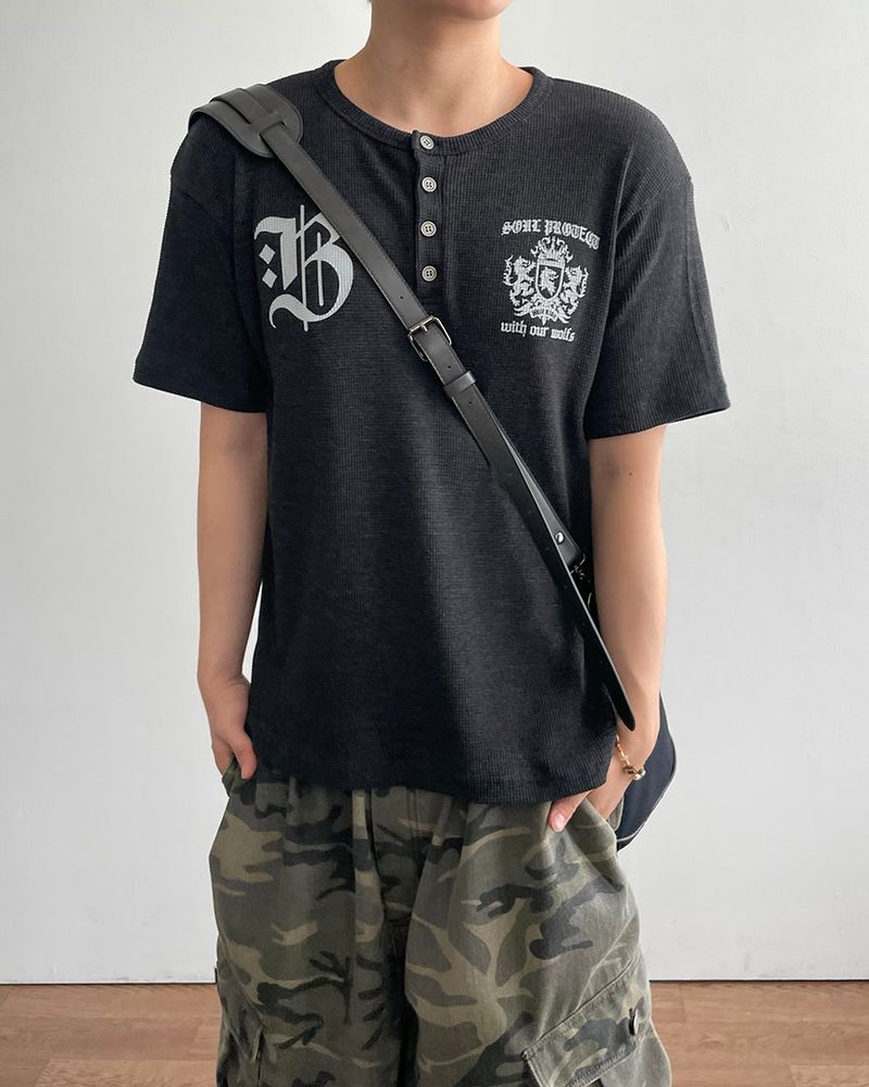Shield Henley neck Waffle Short Sleeve T