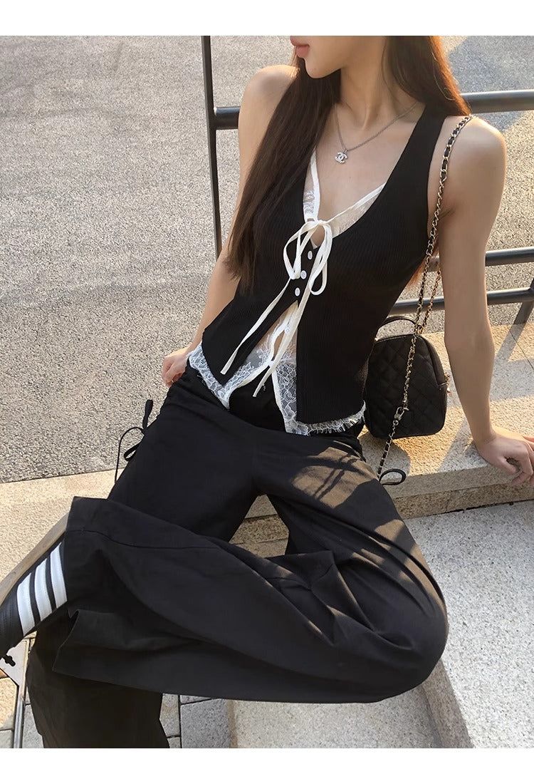 Black Lace Layered Vest Sleeveless Top