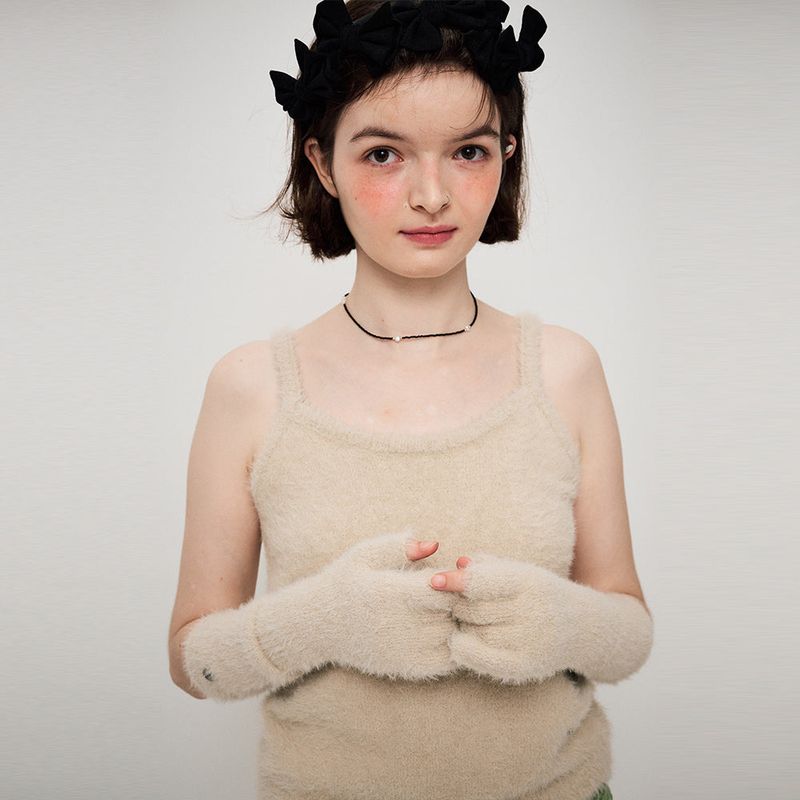FUZZY KNIT LONG GLOVES, BEIGE