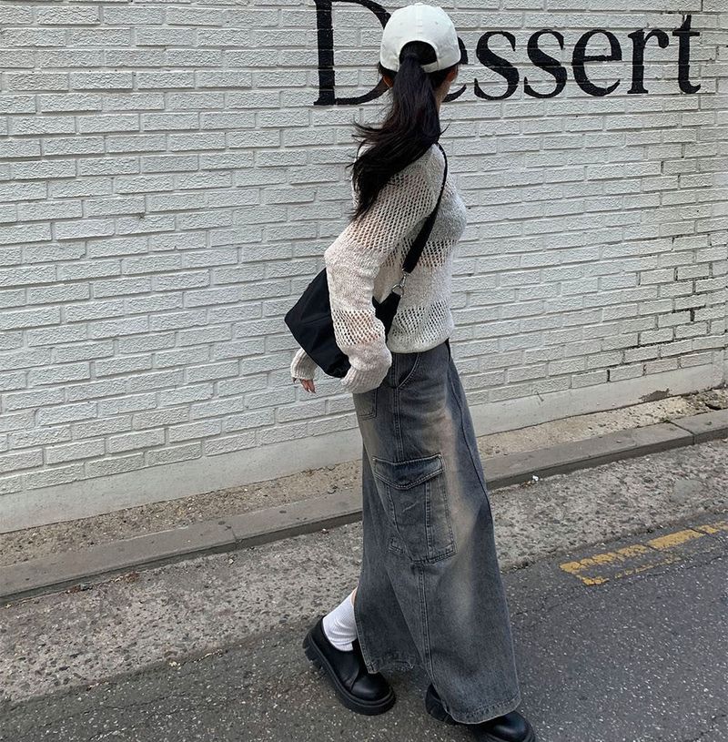 Work cargo denim skirt