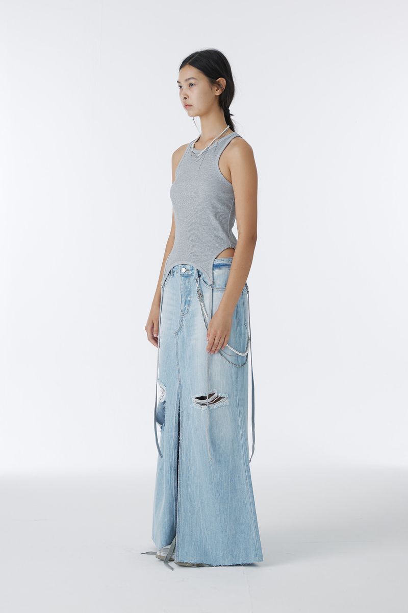 DAMAGED LONG DENIM SKIRT (BLUE)