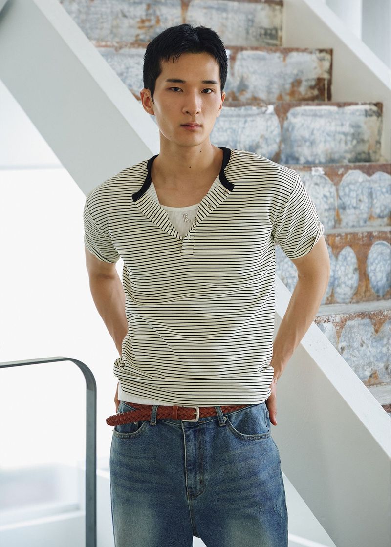LAURANTSEOUL（ローラントソウル）の「ストライプヘンリーネックハーフTシャツ(Ivory)（トップス）」