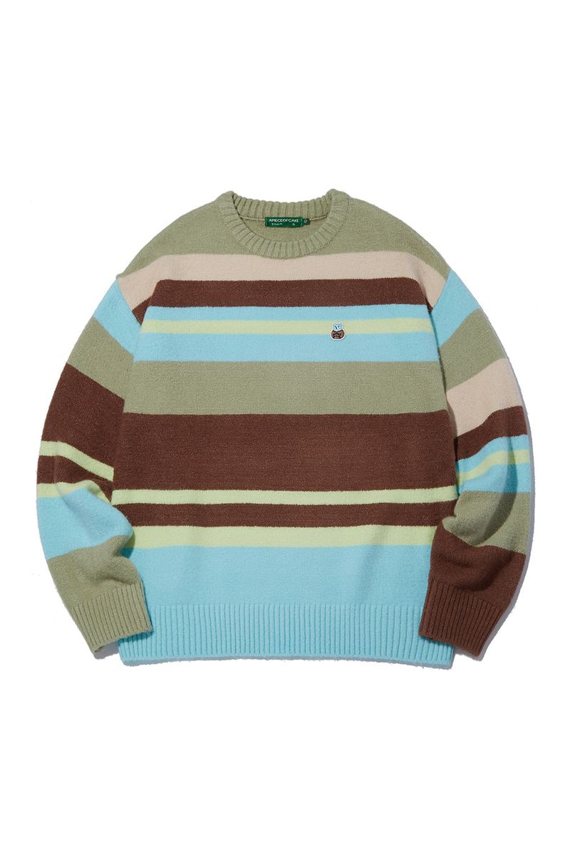 Bear Patch Multi Stripe Knit_Olive Green