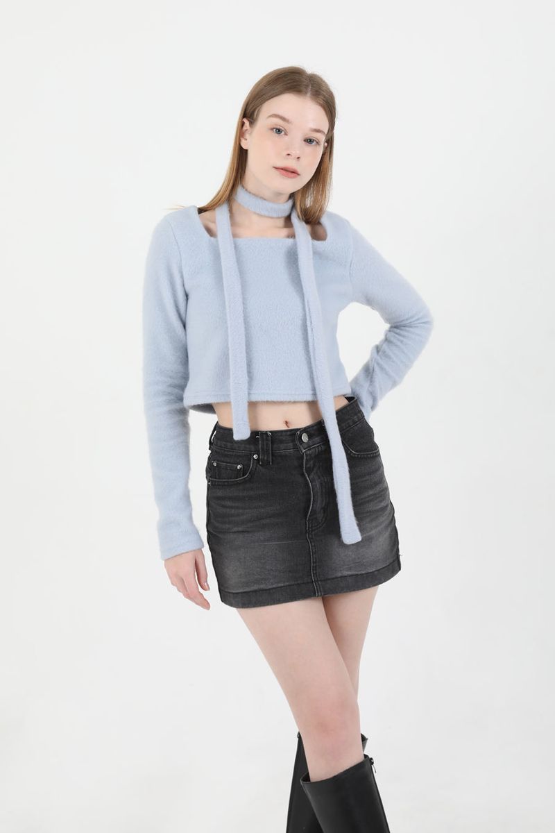 cattline（カトリーヌ）の「Square Neck Fur Knit T-shirt Muffler Set SkyBlue（Tops）」
