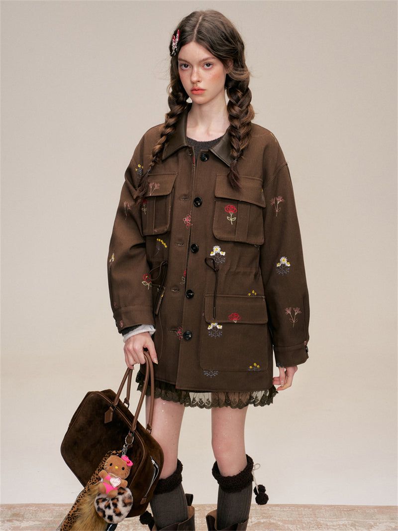 Floral Embroidery Cotton Cargo Jacket