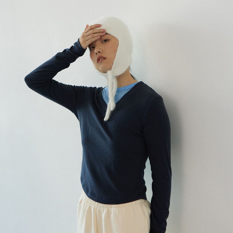 Wool V-neck daily long sleeve_navy