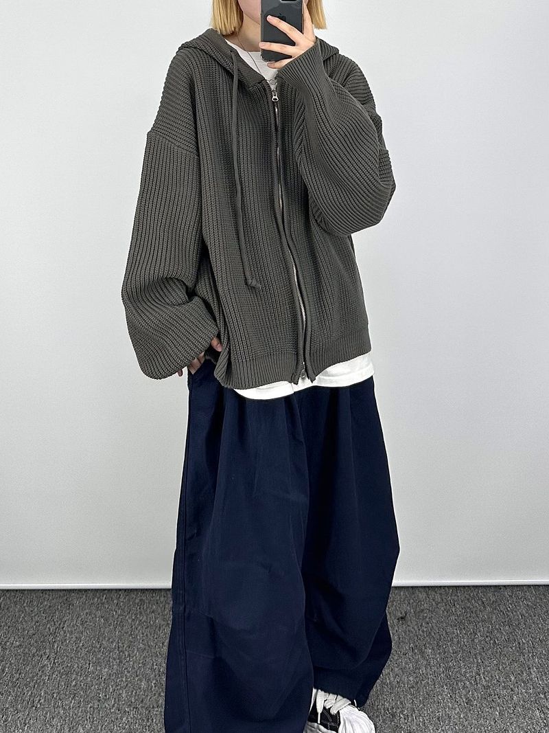 Warm hooded knit zip-up