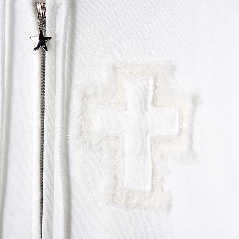 Cross Bunny Ear Zip-Up Hoodie - White