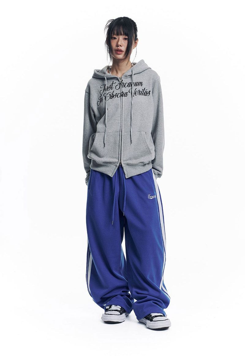 Lettering Embroidered Hoodie Zip-Up - Gray