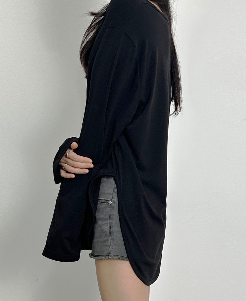 (BASIC ITEM♥/BEST VALUE♥) 3 COLORS STRETCH LIP U-NECK SLEEK LOOSE-FIT BASIC INNER LAYERED LONG-SLEEVE TEE