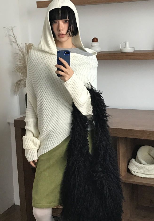 OFF-SHOULDER DRAPE HOOD KNIT