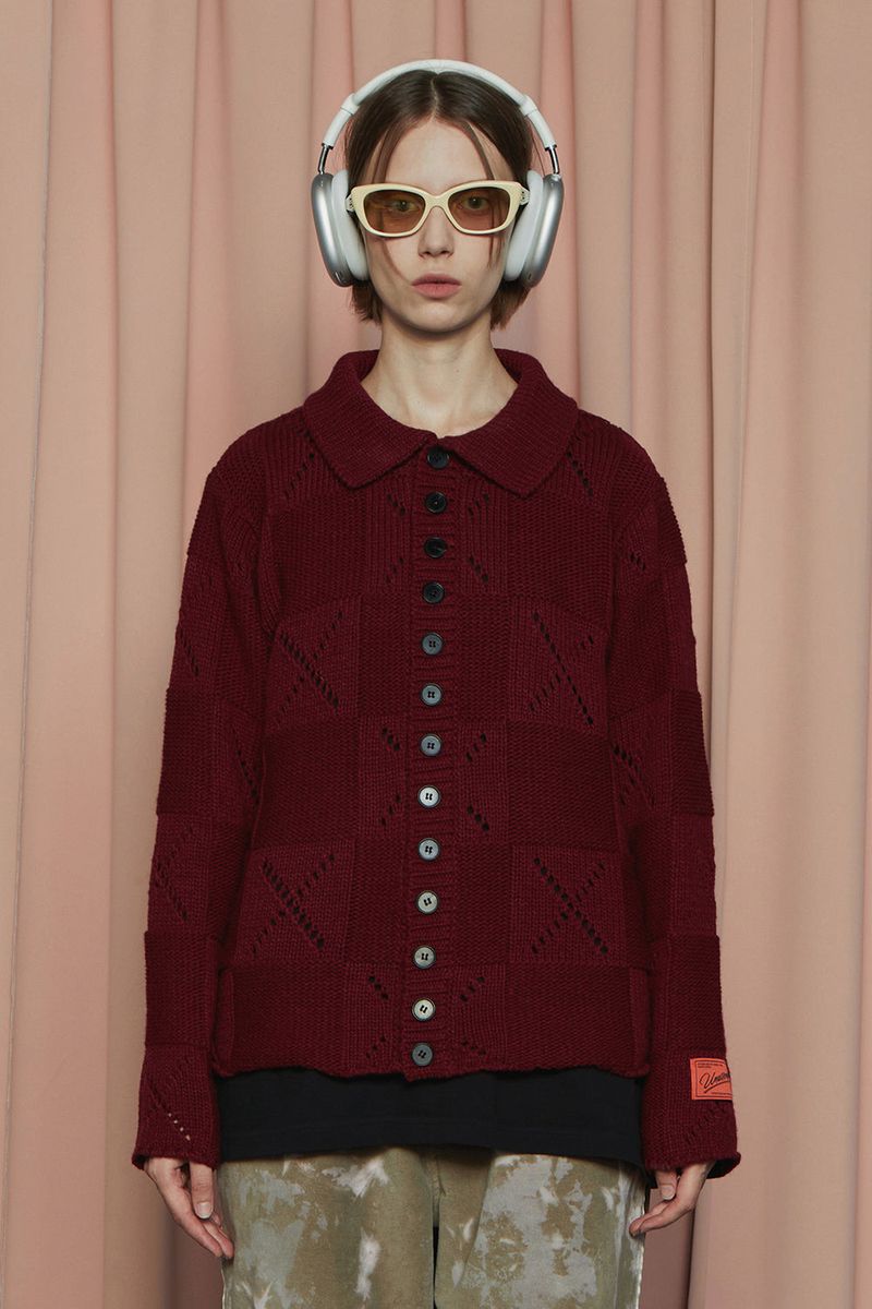 UNALLOYED（アナロイド）の「BUTTON ARGYLE KNIT JACKET / WINE（Jackets/Outerwear）」
