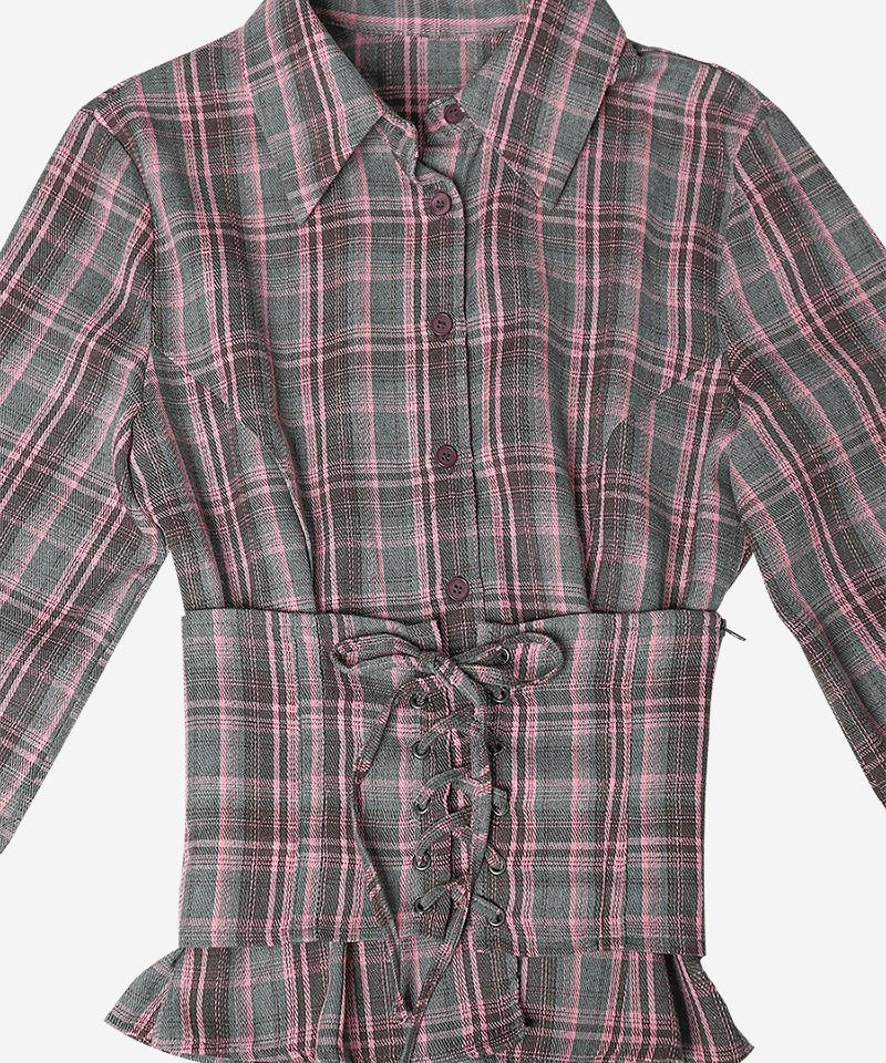 CHECK CORSET SHIRT #PINK GRAY