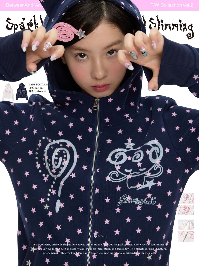 BETWEENAND Hooded glittery little demon-style fitted jacket with two zippers; a stylish top or hoodie for women, suitable for spring and autumn