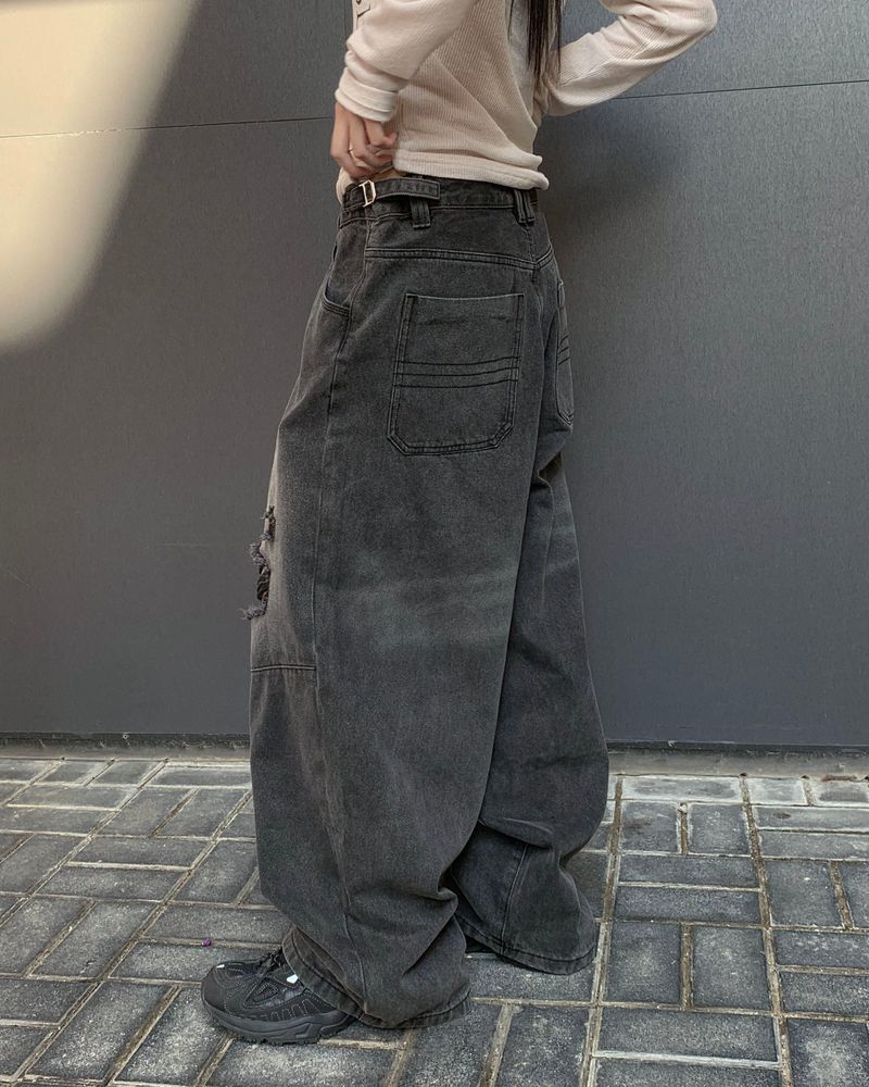 (Unisex) ボタンダメージデニムパンツ