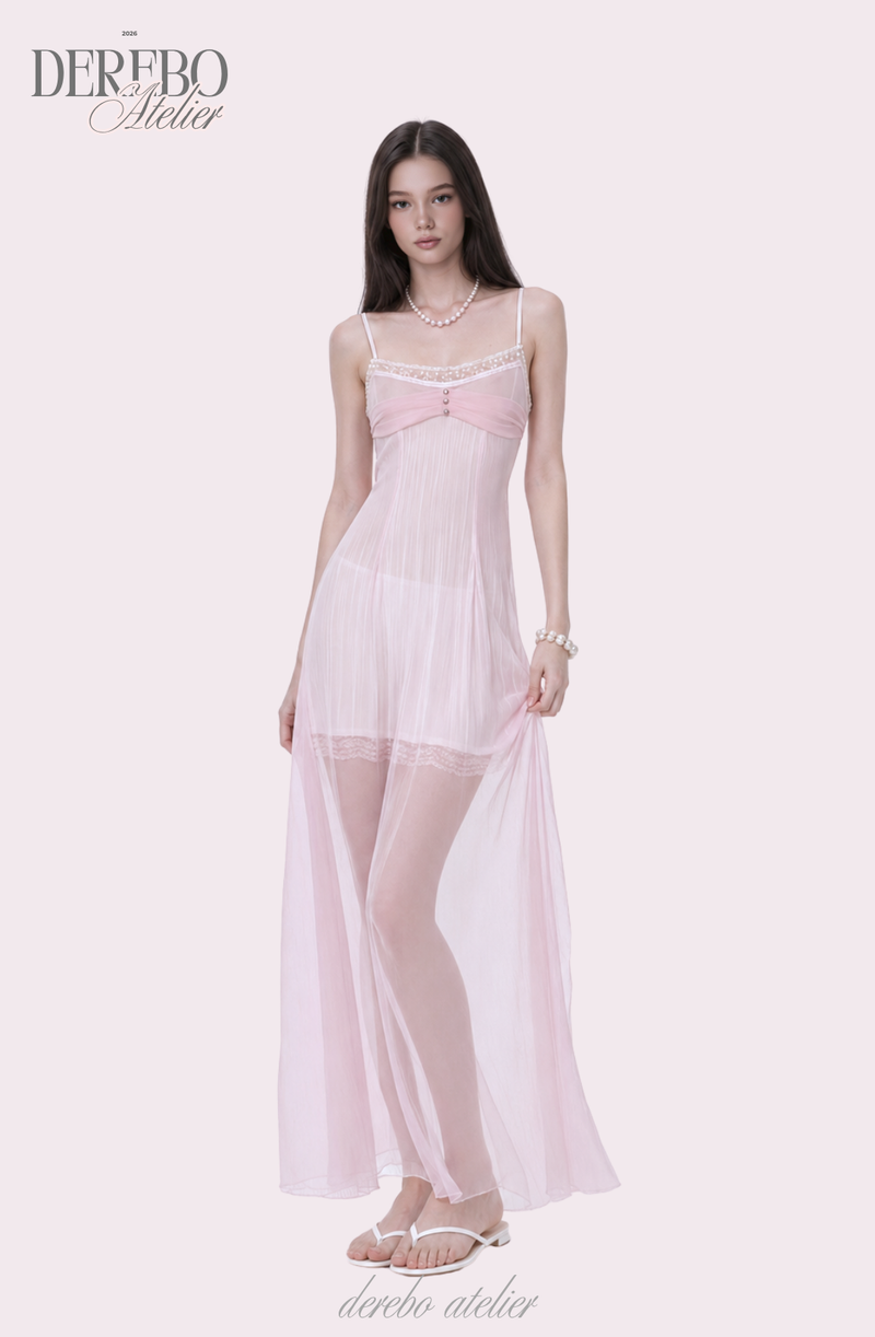 Pink chiffon see-through long dress