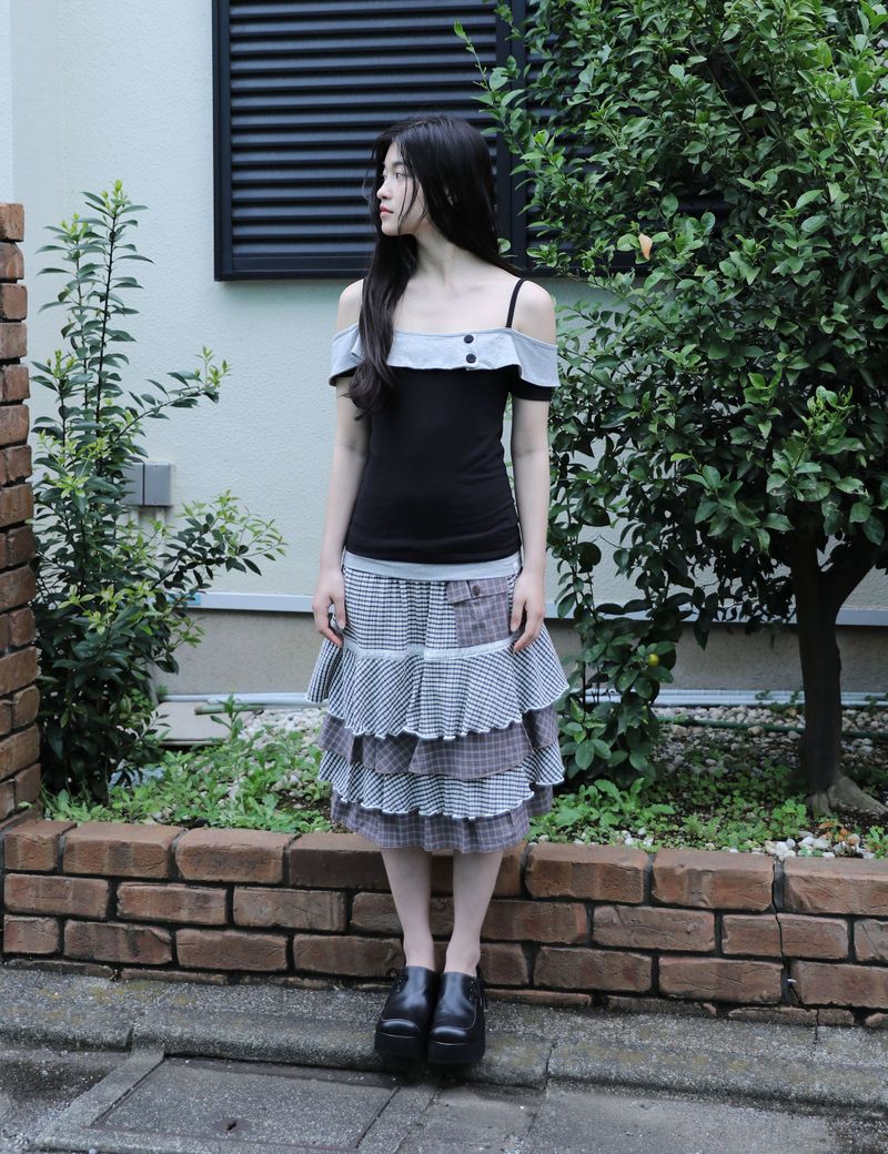 CANCAN CHECKERED MIX SKIRT(NAVY)