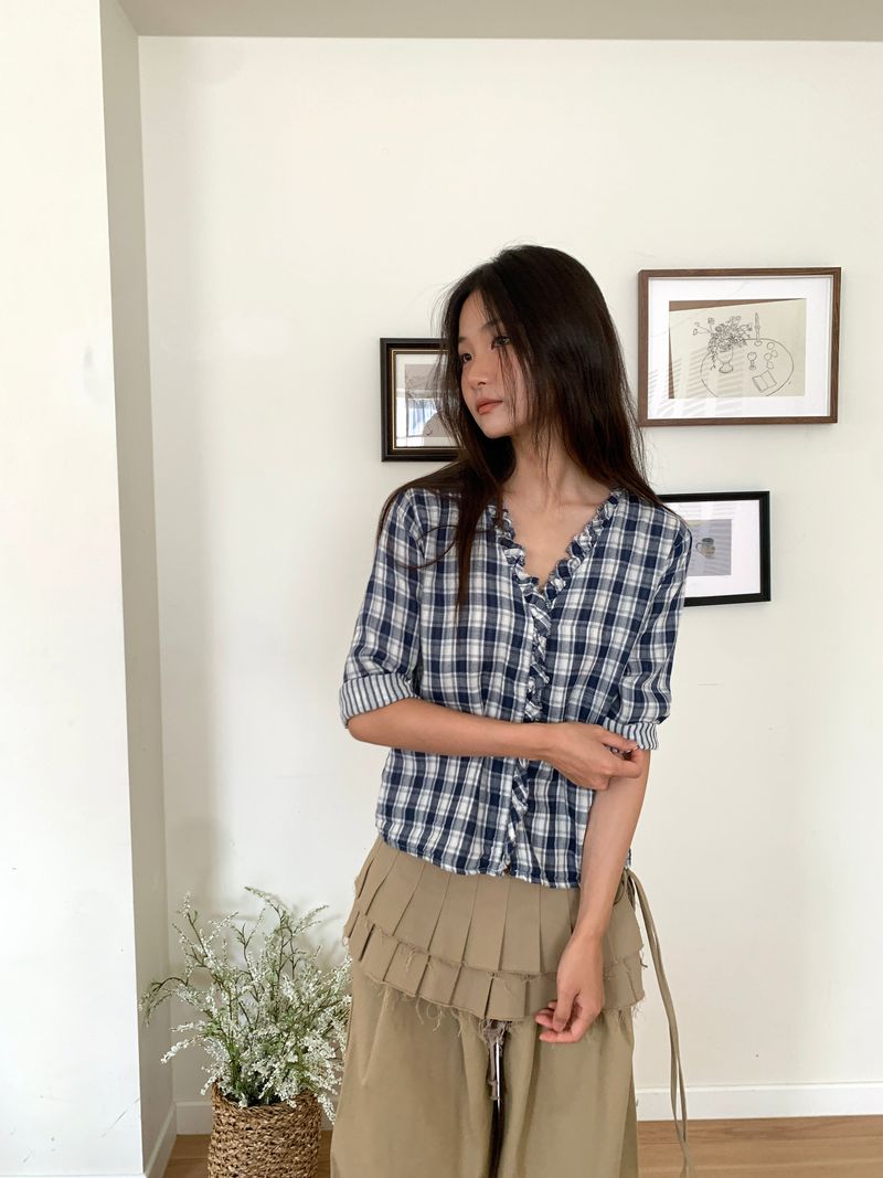 WASHED CHECK FRILL SHIRT (2C)