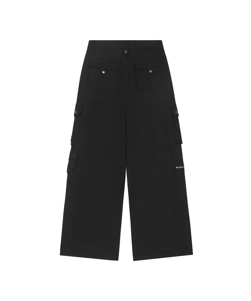 Multi Pocket Eyelet Wide Cotton Pants -BLACK