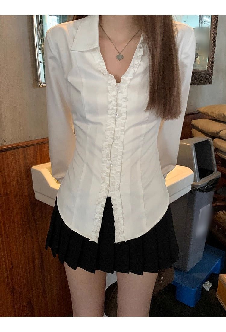 White V-neck Frill Style Long-Sleeved Shirt