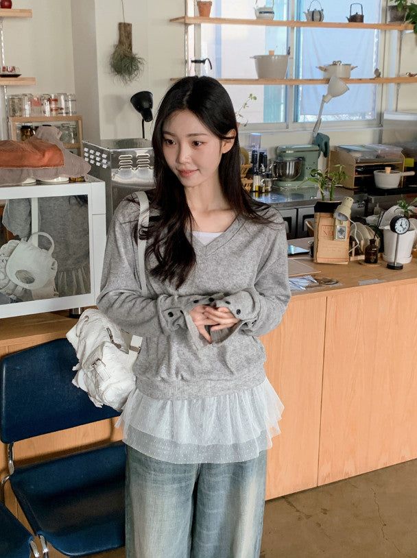 Cuff Button Deep V-neck Knit (2color)