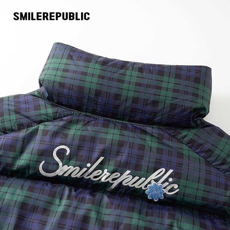Dark Navy Plaid Polyester 90% White Duck Down Cropped Full Zip Puffer Jacket with Stand Collar