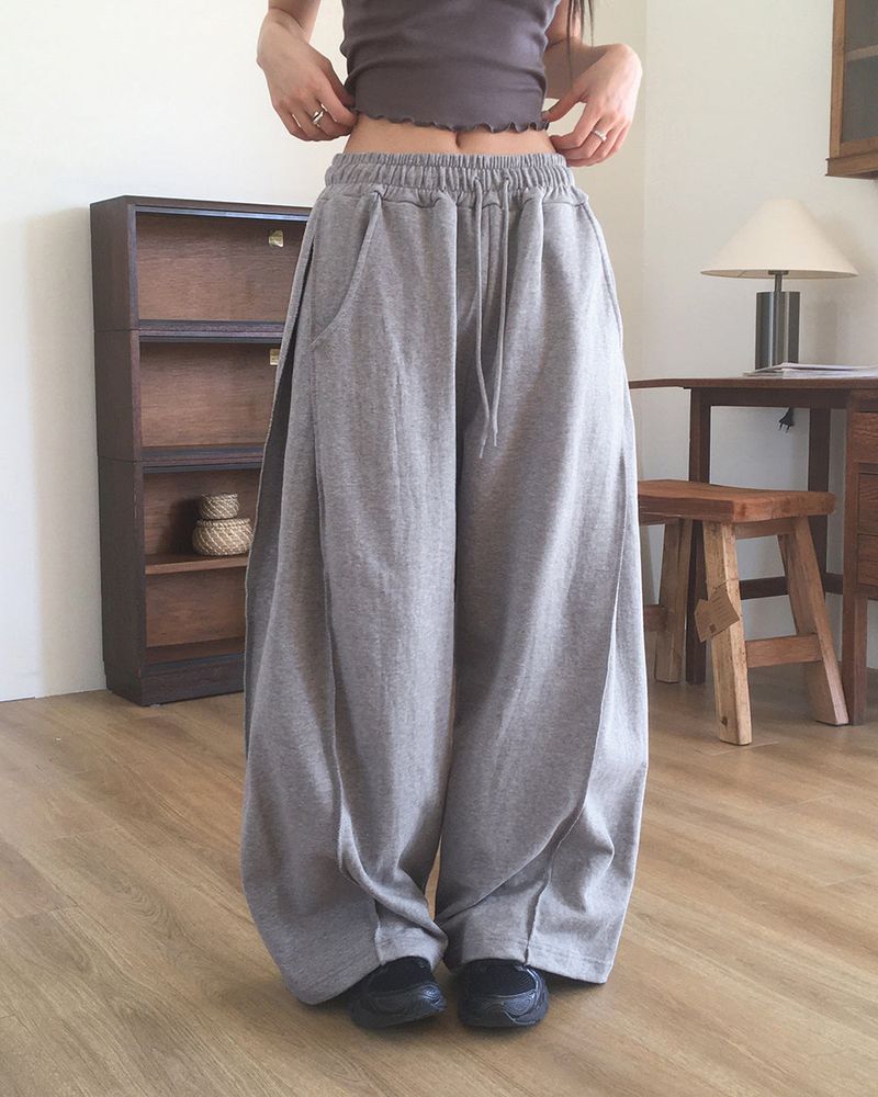 Gazen Back Pocket Patch Point Pintuck Sweat Wide Pants