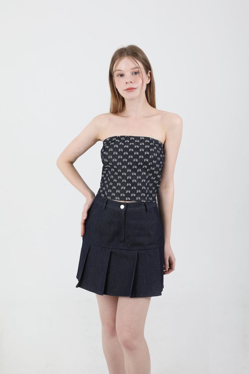 Denim Ribbon Crop Top Dark Blue
