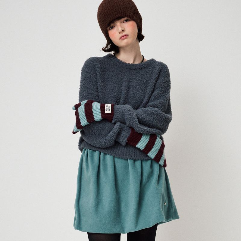 STRIPE MITTENS, BLUE+BURGUNDY