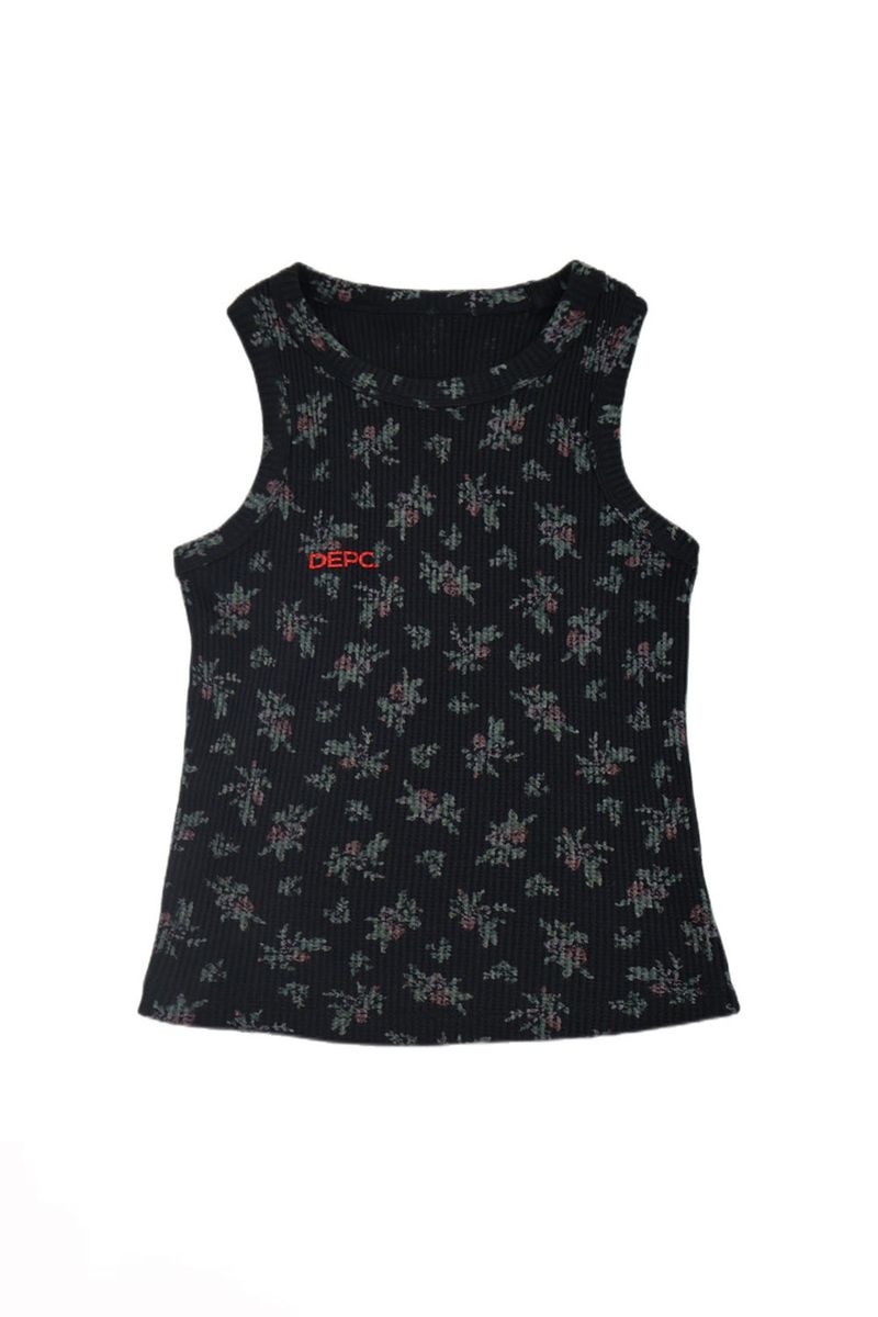 WAFFLE FLOWER SLEEVELESS TOP - BLACK