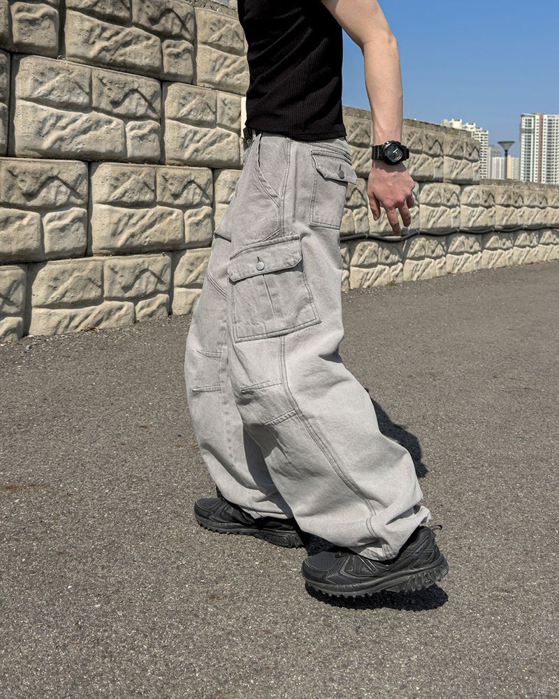 Bion Gray Wash Cargo Denim Pants