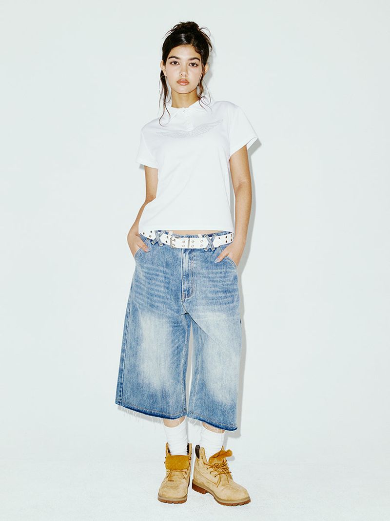 STRING CAPRI DENIM PANTS BLUE