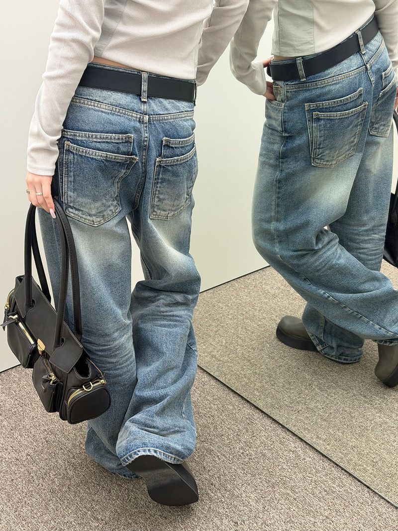  Double back pocket wrinkle denim pants(2color)