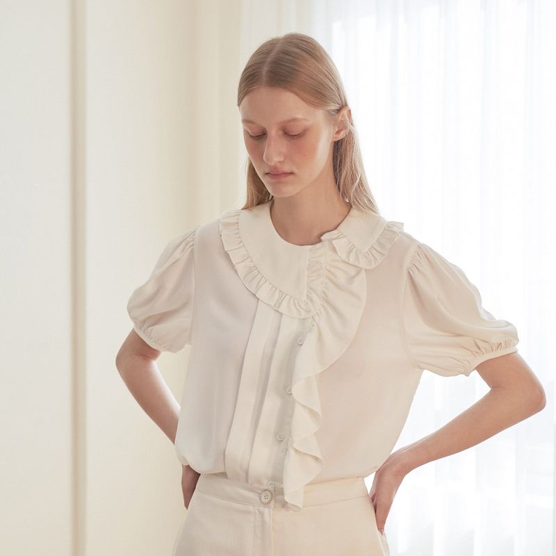 [LINE] Unbalanced Shirring Frill Blouse (Ivory)