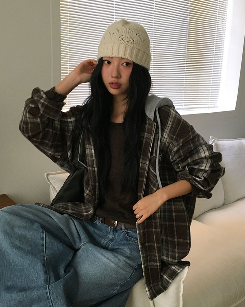 [ORIGINAL] Plain Hooded Check Shirt