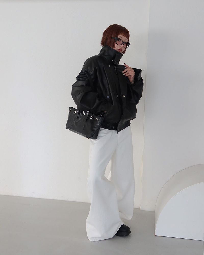 Laurent high neck leather jacket