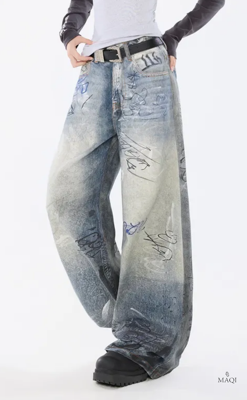Hand-Painted Distressed High-Waisted Wide-Leg Jeans