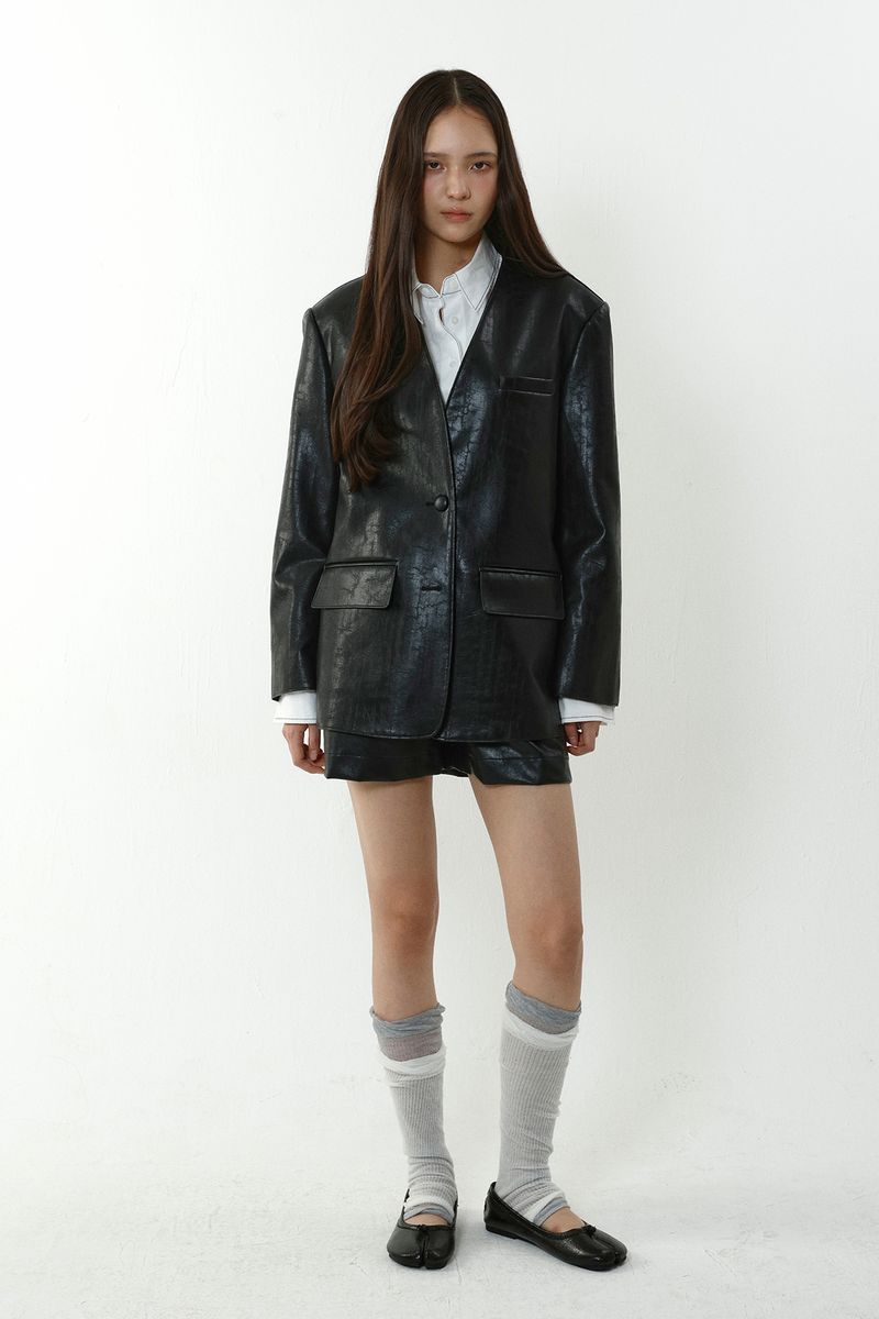 COLLARLESS CRACKED LEATHER JACKET_BLACK