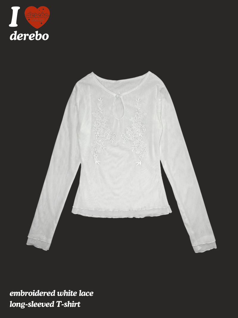 embroidered white lace long-sleeved T-shirt