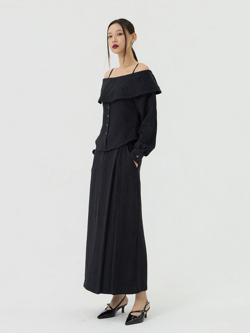 Scratch Cape Off-Shoulder Belted Shirt, Black