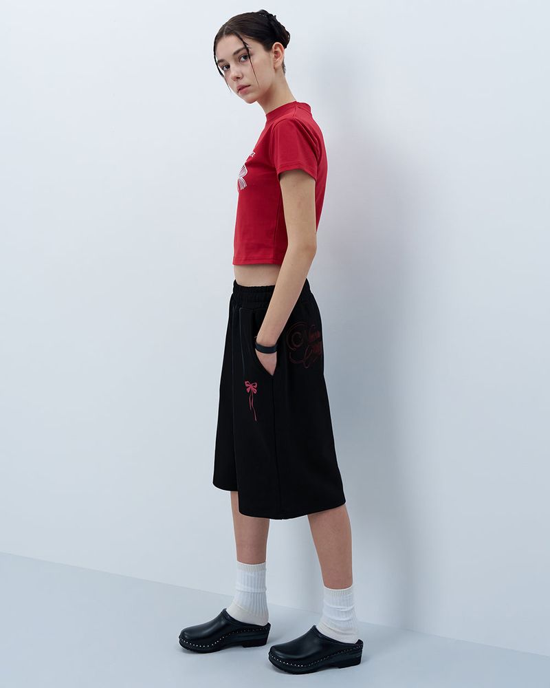 PINK RIBBON LOGO HALF PANTS-BLACK